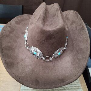 Western Cowboy Hat Silver Turquoise Concho Band Dark Brown Color Fun Fashion. Sw